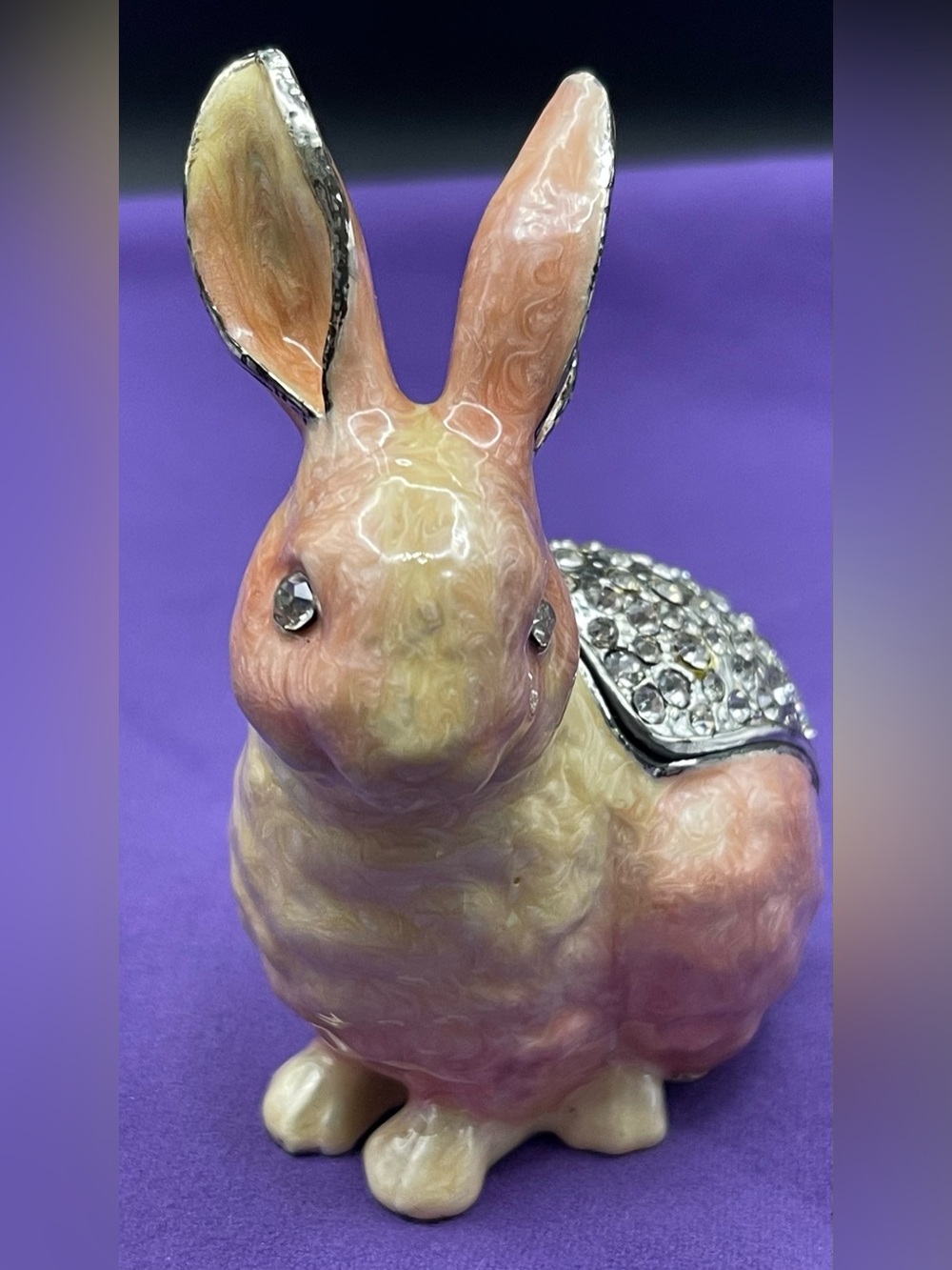 NIB QIFU Pink Enameled Bunny Rabbit Trinket Box Bejeweled Rhinestone Hinged Case
